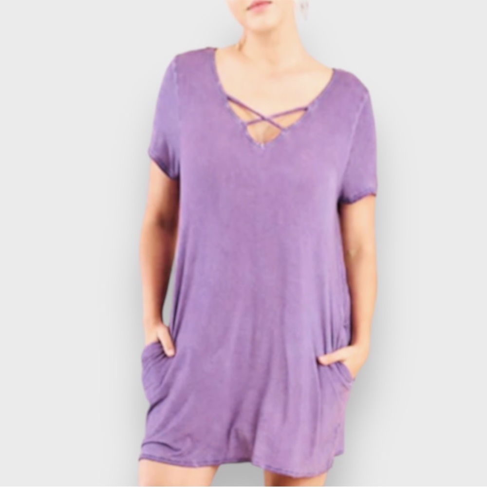 Umgee | Dress | Purple | Medium | Criss Cross V-Neck | Side Pockets | $20